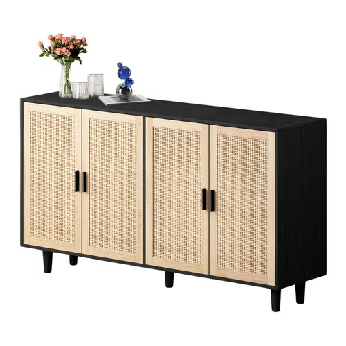 Buffet 4 Portes En Rotin Et Panneaux De Particules - Noir - 158x40x88 Cm