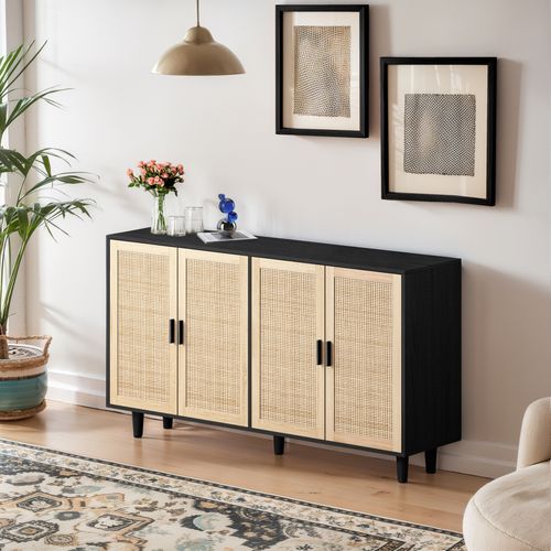 Buffet 4 Portes En Rotin Et Panneaux De Particules - Noir - 158x40x88 Cm