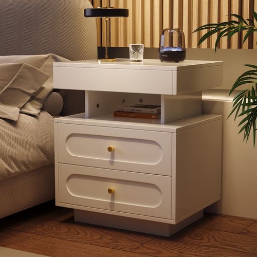 Table De Chevet Avec LED - Panneaux De Particules - Blanc - 50 X 40 X 60 Cm