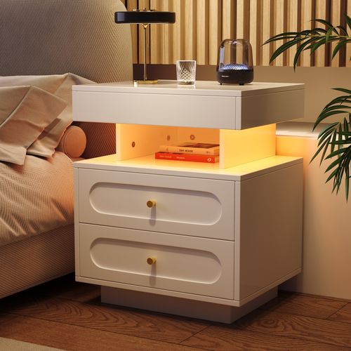 Table De Chevet Avec LED - Panneaux De Particules - Blanc - 50 X 40 X 60 Cm
