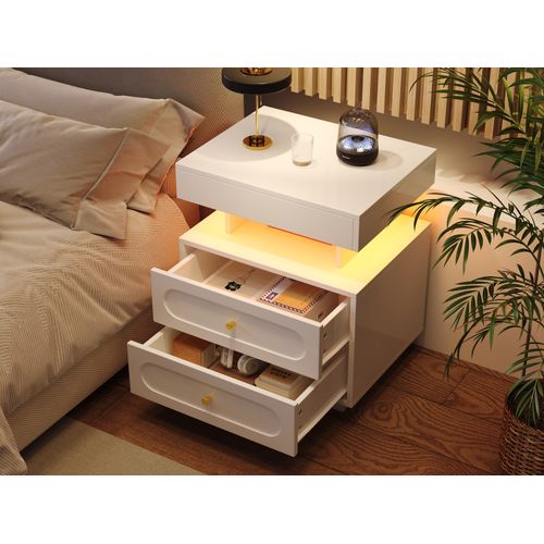 Table De Chevet Avec LED - Panneaux De Particules - Blanc - 50 X 40 X 60 Cm