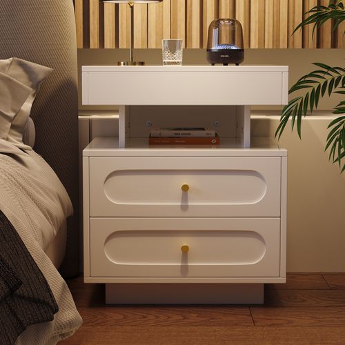 Table De Chevet Avec LED - Panneaux De Particules - Blanc - 50 X 40 X 60 Cm