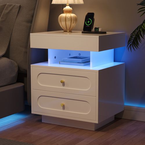 Table De Chevet Avec LED - Panneaux De Particules - Blanc - 50 X 40 X 60 Cm