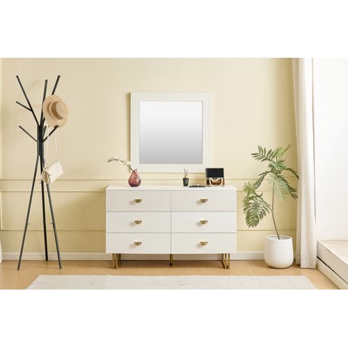 Ensemble Commode Et Miroir - Mdf - Blanc Et Doré - 120x40x75 Cm Et 80x80 Cm