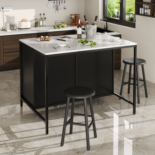 Table Haute De Bar En Mdf - Noir Et Effet Marbre - 100 X 90 X 90 Cm