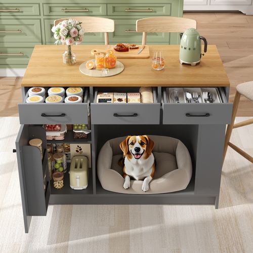 Îlot De Cuisine En Mdf Avec Rangements Et Coin Animaux - Gris Et Naturel - 120x60x90 Cm