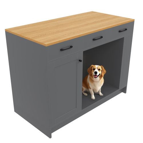 Îlot De Cuisine En Mdf Avec Rangements Et Coin Animaux - Gris Et Naturel - 120x60x90 Cm