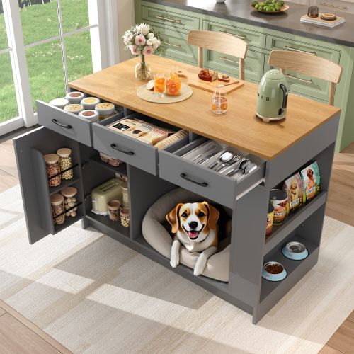 Îlot De Cuisine En Mdf Avec Rangements Et Coin Animaux - Gris Et Naturel - 120x60x90 Cm