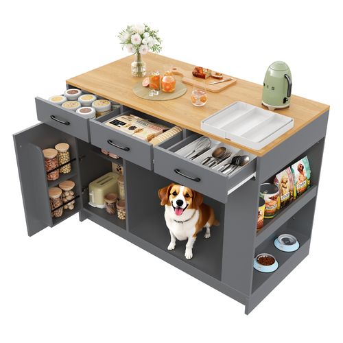 Îlot De Cuisine En Mdf Avec Rangements Et Coin Animaux - Gris Et Naturel - 120x60x90 Cm