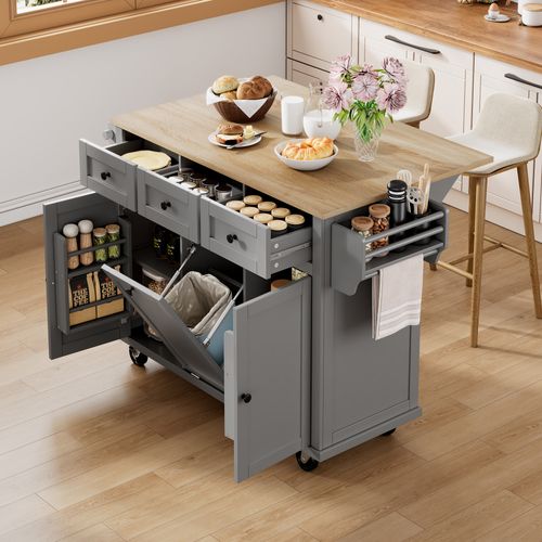 Îlot De Cuisine Sur Roulettes - Mdf Et Pb - Gris Et Naturel - 112 X 46,2-76,2 X 92,7 Cm