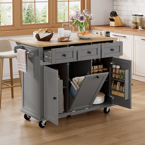 Îlot De Cuisine Sur Roulettes - Mdf Et Pb - Gris Et Naturel - 112 X 46,2-76,2 X 92,7 Cm