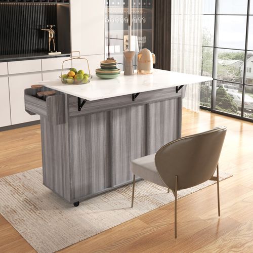 Îlot De Cuisine Avec Plateau Rabattable En Mdf Gris Et Blanc - 139 X 46 X 91,5 Cm