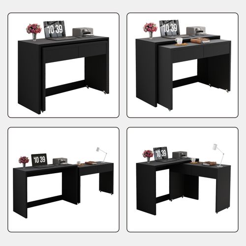 Bureau Compact 2-en-1 Escamotable En Bois - Noir - 110 X 40 X 78 Cm