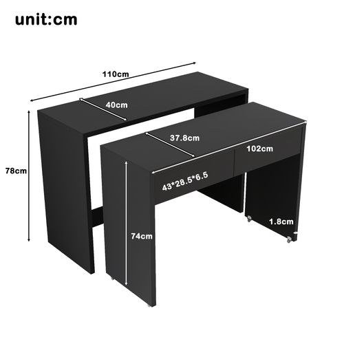 Bureau Compact 2-en-1 Escamotable En Bois - Noir - 110 X 40 X 78 Cm