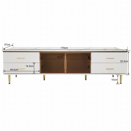 Meuble Bas TV Vintage 175x38x55.5 Cm - 2 Tiroirs, 4 Portes En Vannerie - Blanc Avec Poignées Dorées - Pour Téléviseur 70 à 79 Pouces - 4