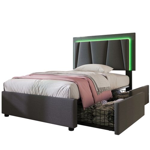 Lit Coffre 90x200 Cm Avec Rangement Hydraulique Et Bande LED - Tête De Lit Réglable, Velours Doux, Sans Matelas - Couleur Beige, Gris, Rose