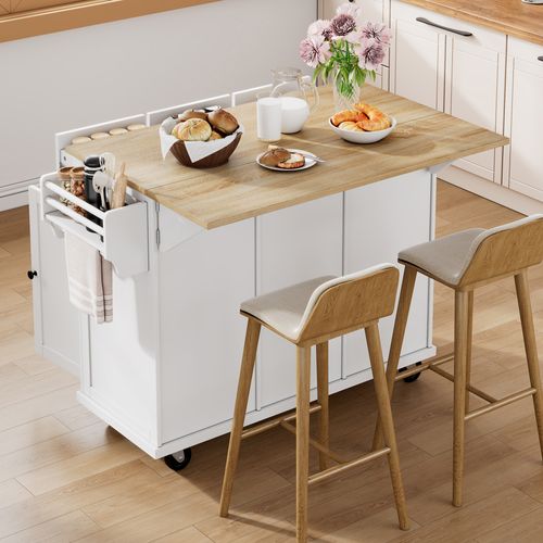 Îlot De Cuisine Mobile Extensible Avec Poubelle Et Tiroirs - Blanc Et Bois - 112x44.6-74.6x94.2 Cm - Biqzuya