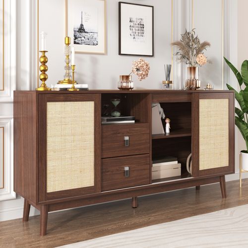 Buffet Effet Bois Noyer Avec 3 Portes Coulissantes En Rotin Et 2 Tiroirs 155x38x80cm Usoh Walnut