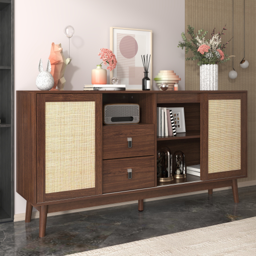 Buffet Effet Bois Noyer Avec 3 Portes Coulissantes En Rotin Et 2 Tiroirs 155x38x80cm Usoh Walnut