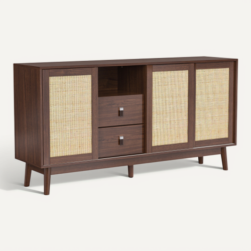 Buffet Effet Bois Noyer Avec 3 Portes Coulissantes En Rotin Et 2 Tiroirs 155x38x80cm Usoh Walnut