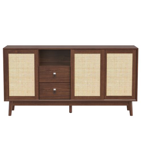 Buffet Effet Bois Noyer Avec 3 Portes Coulissantes En Rotin Et 2 Tiroirs 155x38x80cm Usoh Walnut
