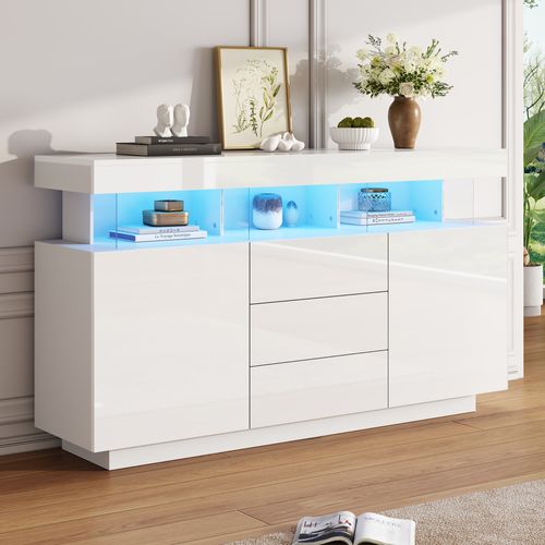 Buffet Blanc Brillant Avec Éclairage LED 2 Portes 3 Tiroirs Rezer