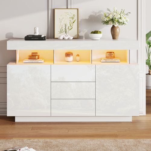Buffet Blanc Brillant Avec Éclairage LED 2 Portes 3 Tiroirs Rezer