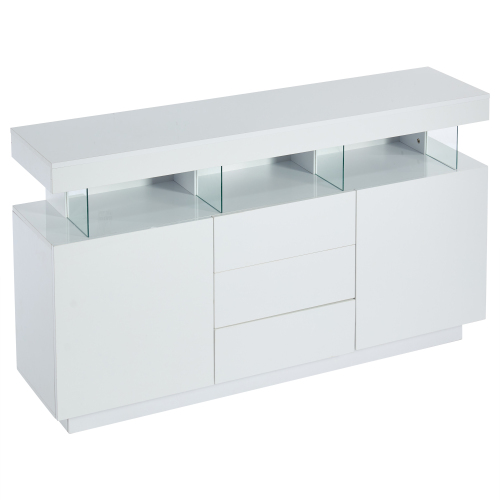 Buffet Blanc Brillant Avec Éclairage LED 2 Portes 3 Tiroirs Rezer