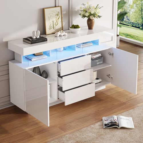 Buffet Blanc Brillant Avec Éclairage LED 2 Portes 3 Tiroirs Rezer