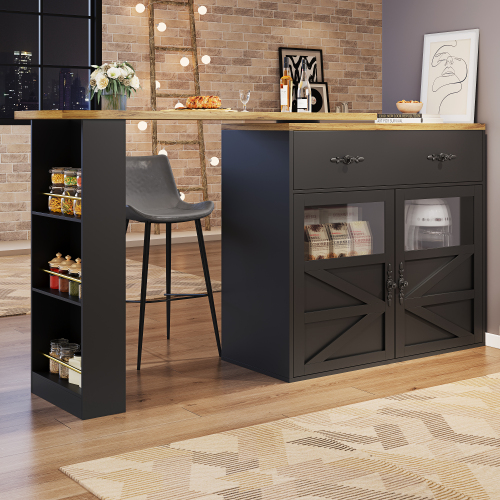Table De Bar Extensible 360° Noire Et Effet Bois Et Verre Ladoi