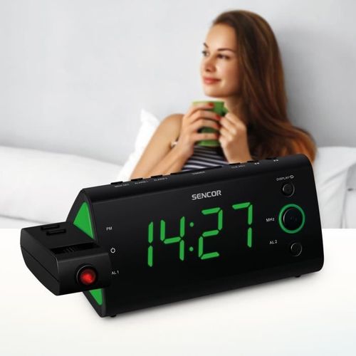 Radio-réveil - Src 330 Gn - Ecran LED 1,2? Vert - Tuner Fm - Projection Heure - Noir