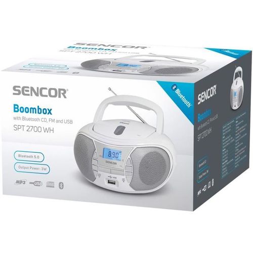 Lecteur Cd Portable Blanc Avec Bluetooth 5.0, Fm, USB Et Écran LCD