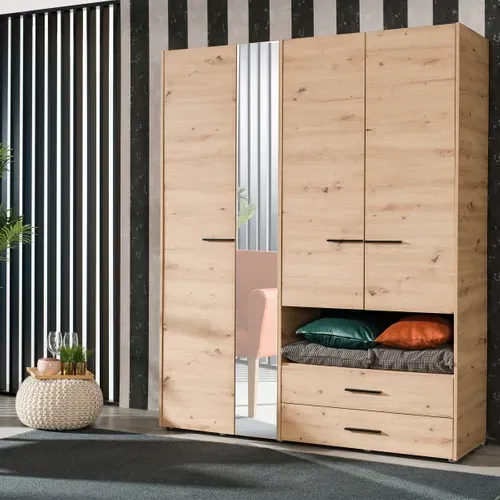 Armoire avec miroir L.160 cm LEON imitation chêne et noir vue d'ambiance 1