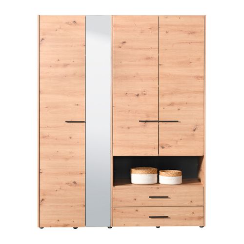 Armoire avec miroir L.160 cm LEON imitation chêne et noir vue de face