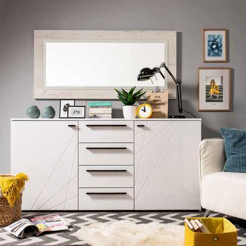 Commode 2 portes et 4 tiroirs MILOS blanc brillant vue d'ambiance 1