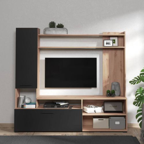 Meuble TV L. 168,5 cm BRAGA Imitation chêne et noir vue d'ambiance 1