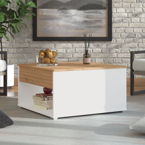 Table basse plateau relevable TARANTO Blanc/ imitation chêne vue d'ambiance 1