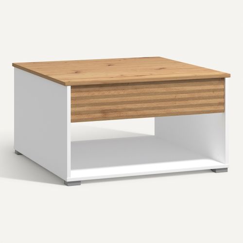 Table basse plateau relevable TARANTO Blanc/ imitation chêne vue 3/4