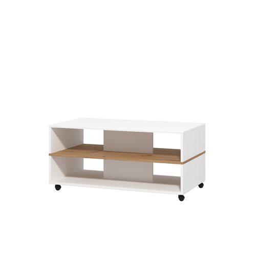 Table basse SAVIO Blanc/ imitation chêne vue de profil