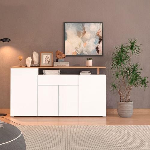 Buffet 4 portes ADRIANA imitation chêne et blanc