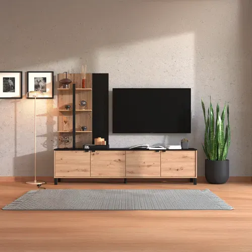 Meuble TV L.208 cm MARGARETH imitation chêne et noir vue d'ambiance 1
