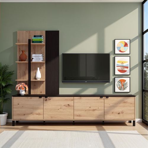 Meuble TV L.208 cm MARGARETH imitation chêne et noir