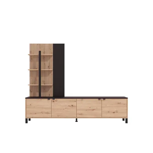 Meuble TV L.208 cm MARGARETH imitation chêne et noir vue de face