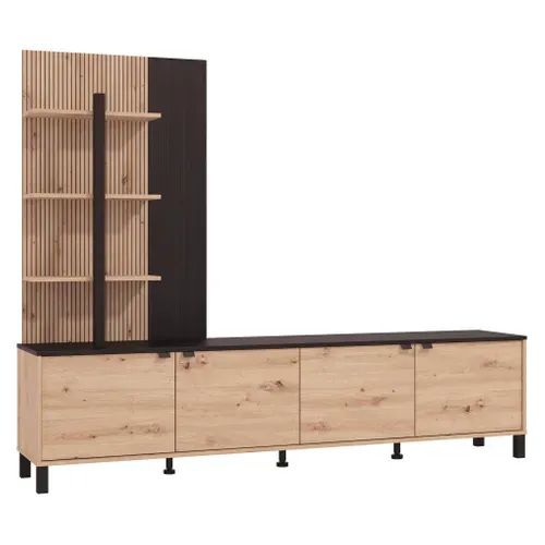 Meuble TV L.208 cm MARGARETH imitation chêne et noir vue 3/4