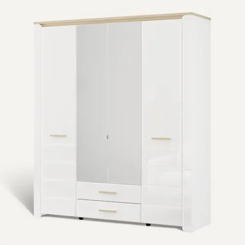 Armoire 4 portes et 2 tiroirs ABERDEEN blanc laqué vue 3/4