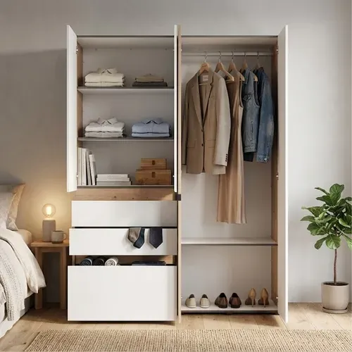 Armoire 4 portes 2 tiroirs avec miroir L. 155 cm ARDERIN imitation chêne et blanc