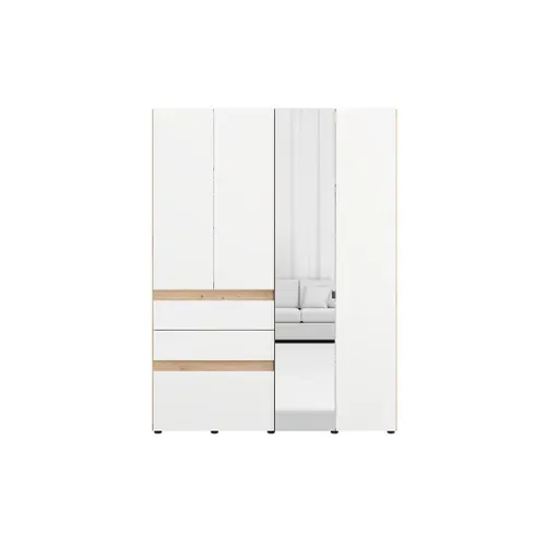 Armoire 4 portes 2 tiroirs avec miroir L. 155 cm ARDERIN imitation chêne et blanc
