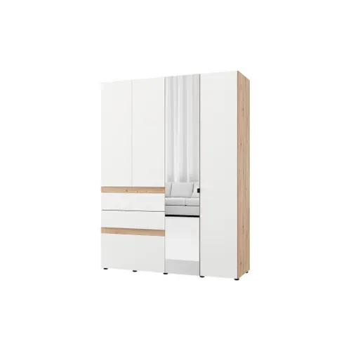 Armoire 4 portes 2 tiroirs avec miroir L. 155 cm ARDERIN imitation chêne et blanc