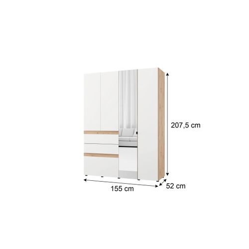 Armoire 4 portes 3 tiroirs avec miroir L. 155 cm ARDERIN imitation chêne et blanc