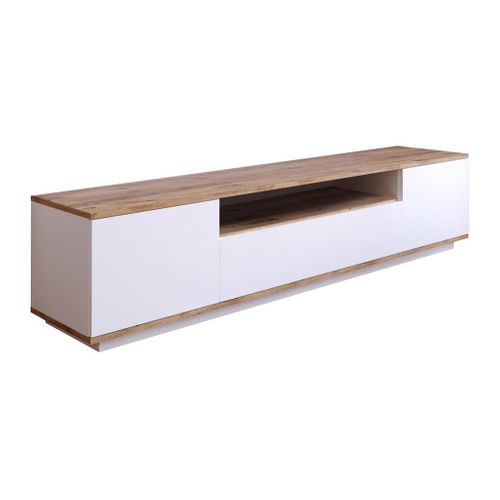 Meuble TV Avec 3 Portes Et 1 Niche - Blanc Et Naturel - Lotula